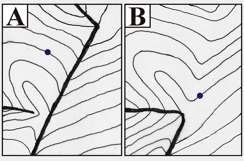 Esquema de cómo pudo ser la captura del PALEOTORMES (el punto indica una curva de nivel de referencia). En A aún no se ha producido la captura, situándose el nivel de referencia más bajo. En B el PALEOTORMES ya ha sido capturado, quedando su cauce abandonado a partir del codo, que coincide en el dibujo con el nivel de referencia.
