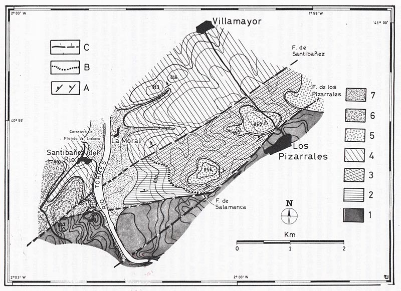 Esquema geológico entre Villamayor, Los Pizarrales (Salamanca) y Santibáñez del Río. La "arenisca eocénica de Villamayor" corresponde al "4". La "Piedra preeocénica de Salamanca", al "3". Las separa la Falla de Santibáñez (según E. Jiménez, 1977).