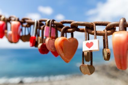 Heart locks on the wall Lanzarote.  Canary islands, Spain.