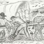 "Arreglando la rueda". (Dibujo de E. Jiménez, enero 2021)