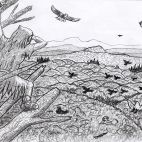 "Una gran peña emergía del bosque". (Dibujo de E. Jiménez, abril 2021)