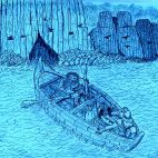 "En la barca del aqueróntide". (Dibujo de E. Jiménez, julio 2021)