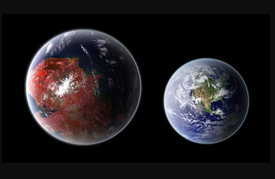 El planeta Kepler-442b representado junto a la Tierra (Wikipedia)