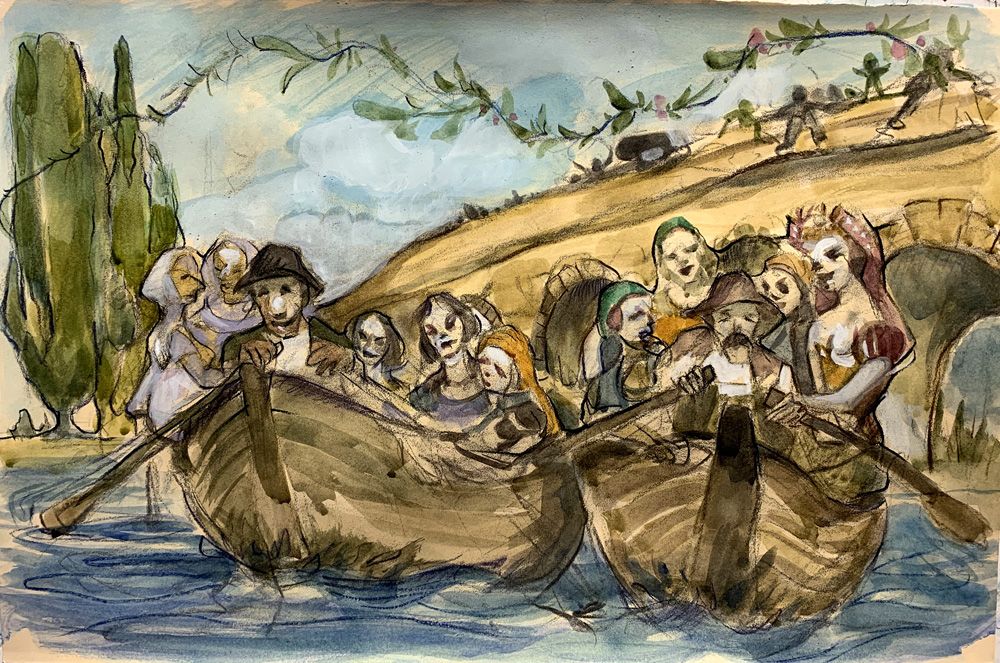 Las prostitutas atraviesan el Tormes en las barcas El Lunes de Aguas. Ilustración. Chema Martín. Las prostitutas atraviesan el Tormes en las barcas El Lunes de Aguas. Ilustración. Chema Martín.