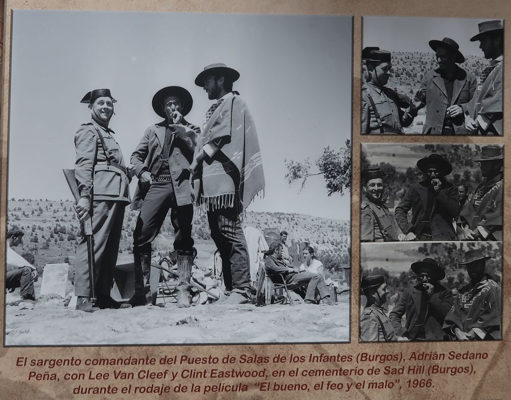 Clint Eastwood, Lee Van Cleef y el sargento Adrián Sedano, en Burgos en 1966.