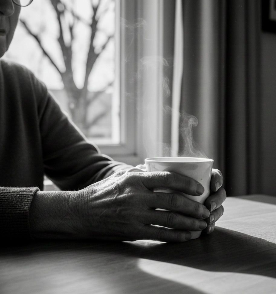 Una persona sujeta una taza de café. 