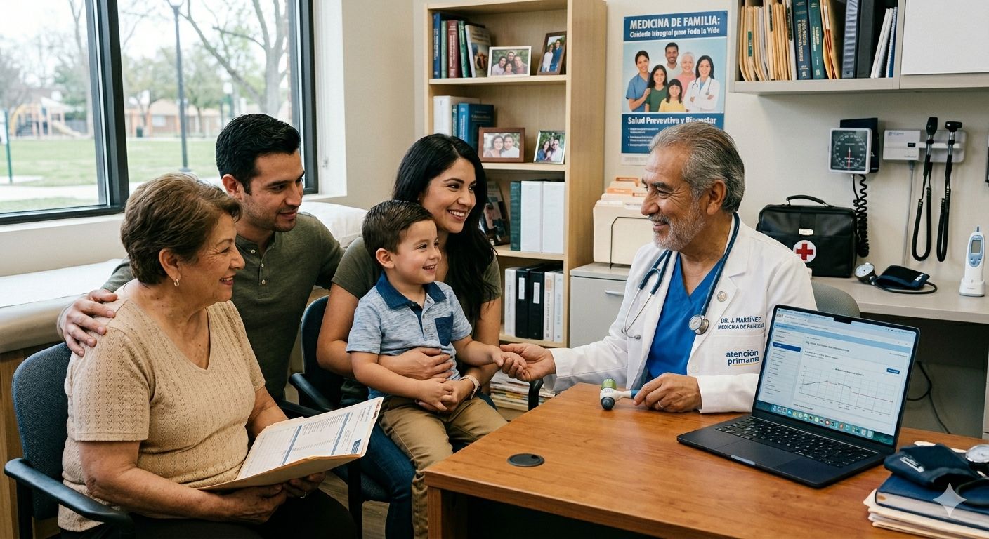 Una familia completa en la consulta de su médico. Imagen generada por IA. 