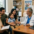 Una familia completa en la consulta de su médico. Imagen generada por IA. 