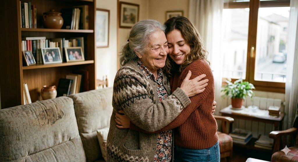 Una abuela y una nieta se abrazan. Imagen generada por IA.
