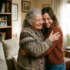 Una abuela y una nieta se abrazan. Imagen generada por IA.