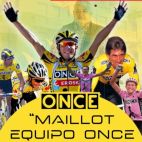 Detalle del cartel de la exposición de maillots de la Once en Guijuelo