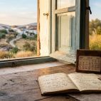 Escritorio y vistas desde una ventana abierta. Imagen generada por IA. 