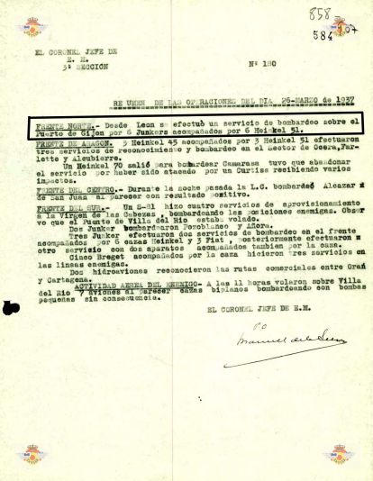 ICAL. Parte de vuelos de la Legión Condor en la montaña leonesa el 26 de marzo de 1937