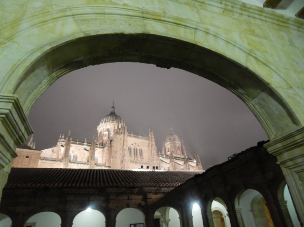 Catedral Nueva bajo la niebla desde el claustro de la Hospedería de Anaya.