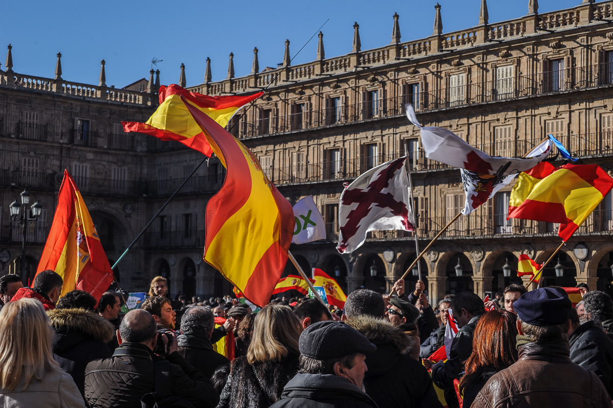 Alrededor de un millar de personas acudieron a la concentración organizada por Vox en la Plaza Mayor de Salamanca.