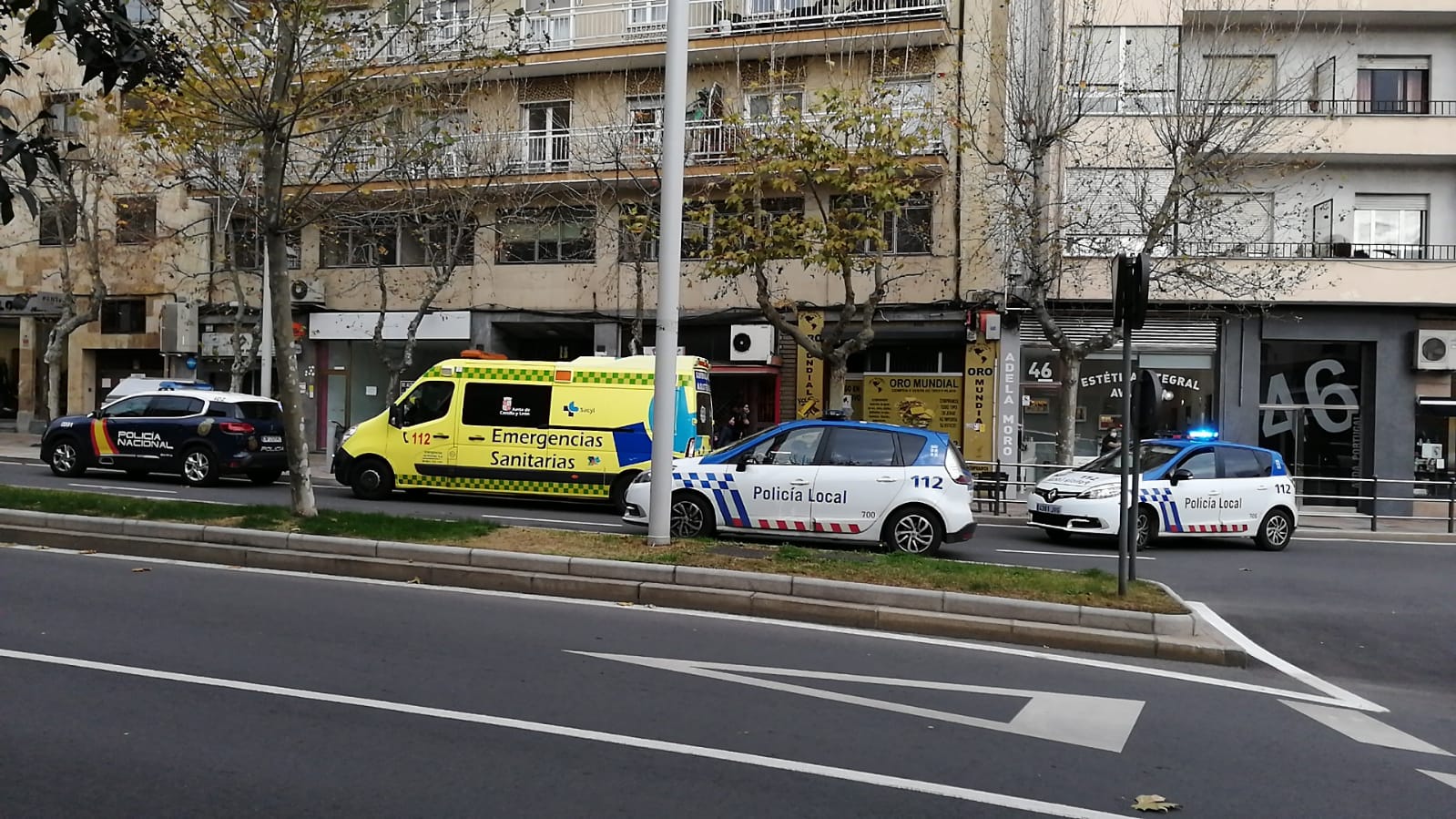 Una ambulancia y varias patrullas de la Policía Local y Nacional en la avenida de Portugal.