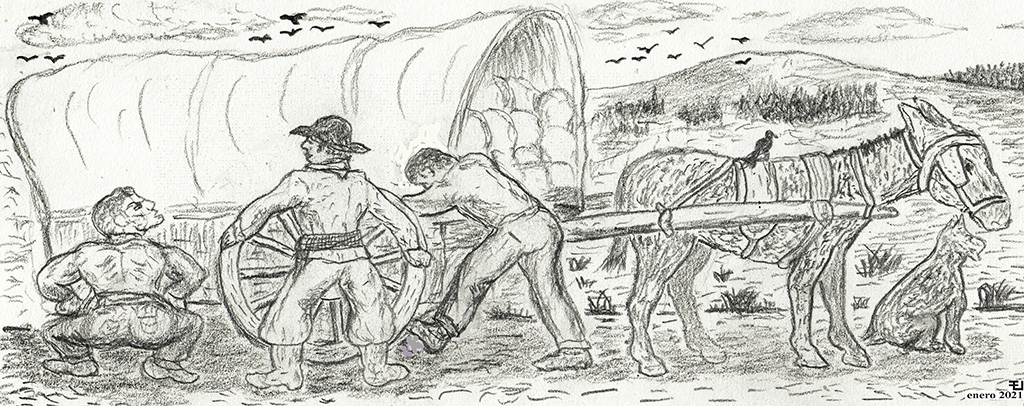 "Arreglando la rueda". (Dibujo de E. Jiménez, enero 2021)