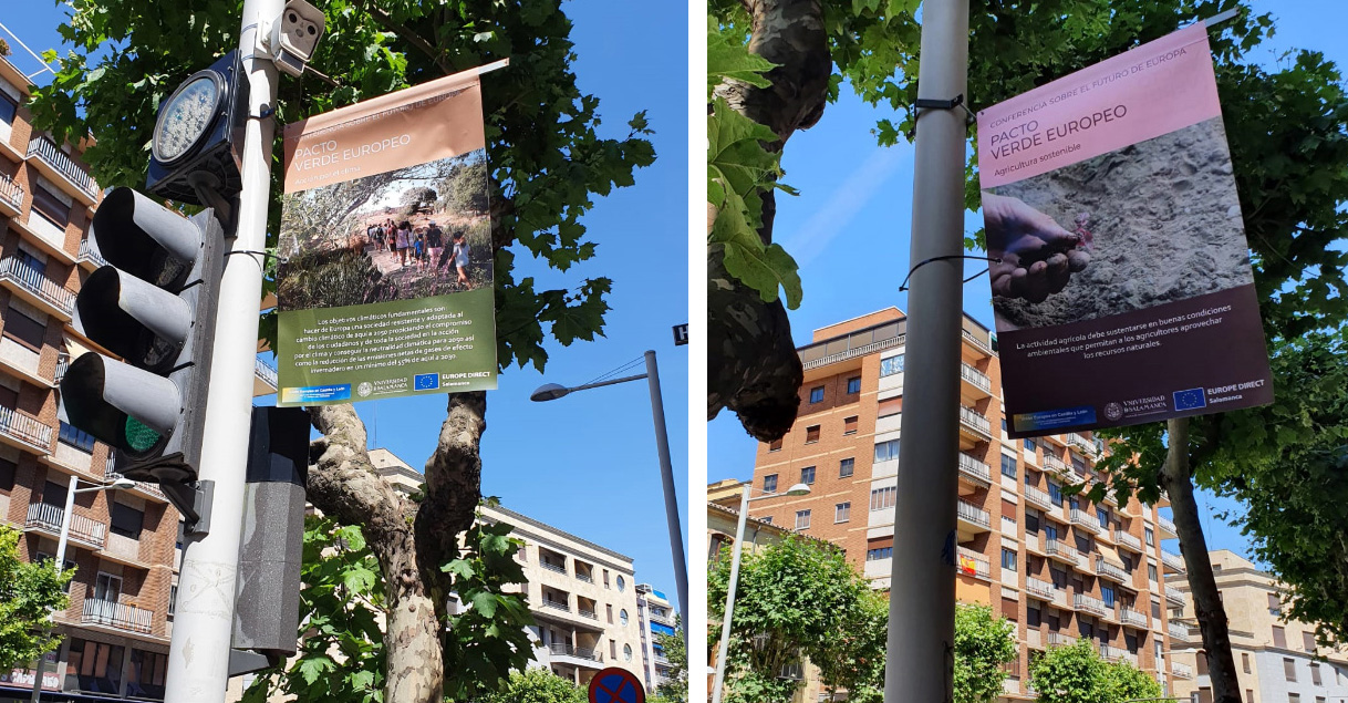 Dos de los 20 carteles de la exposición 'Pacto Verde Europeo' que se pueden ver en la avenida de Mirat