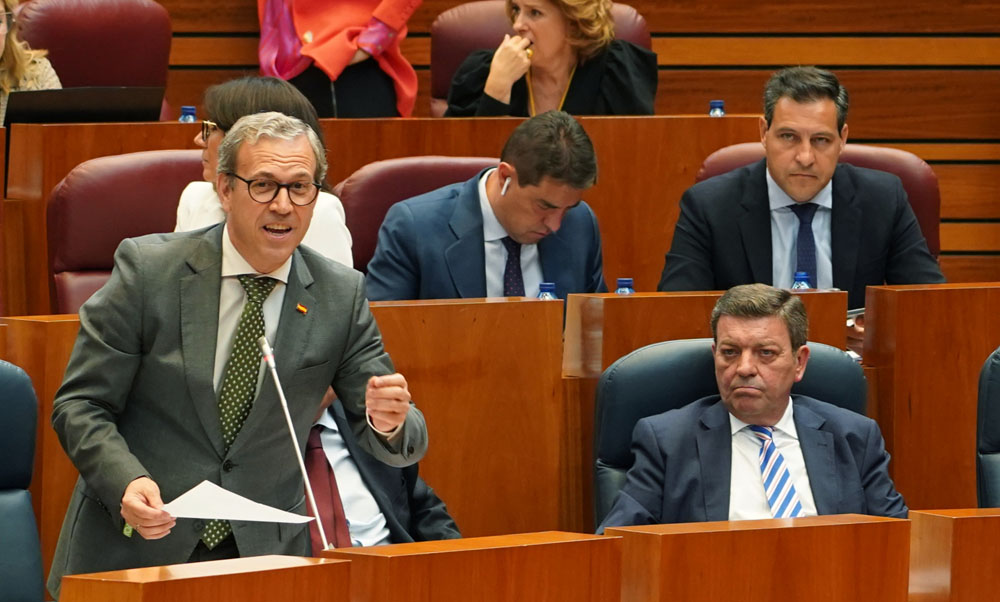 Rubén Cacho / ICAL . El consejero de Industria Mariano Veganzones, de Vox, durante su intervención en el Pleno de las Cortes.